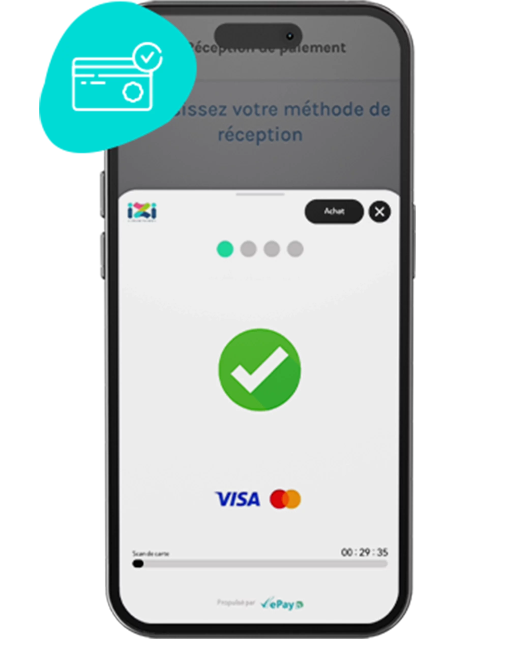 05 - Paiement réussi : Coche verte + montant + logo de la carte.